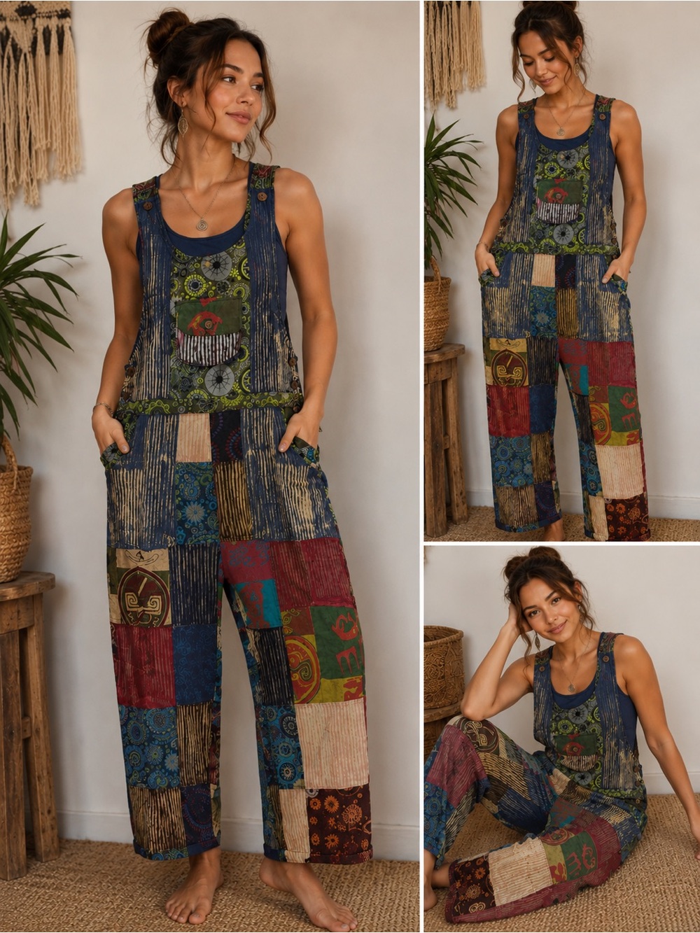 Rising International Multicolor Boho Patchwork Wide-Leg Jumpsuit
